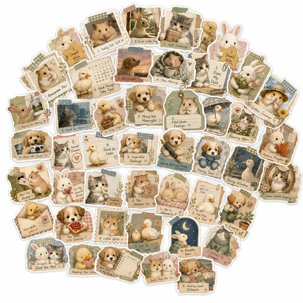 Vintage Animal Scrapbook Stickers - 50 Small Waterproof Vinyl Decals, Retro Scrapbooking Set with Memory-Keeping Feel for Journals, Laptops
