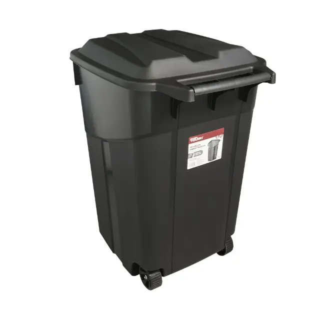 45 Gallon Wheeled Heavy Duty Plastic Garbage Can, Attached Lid, Black
