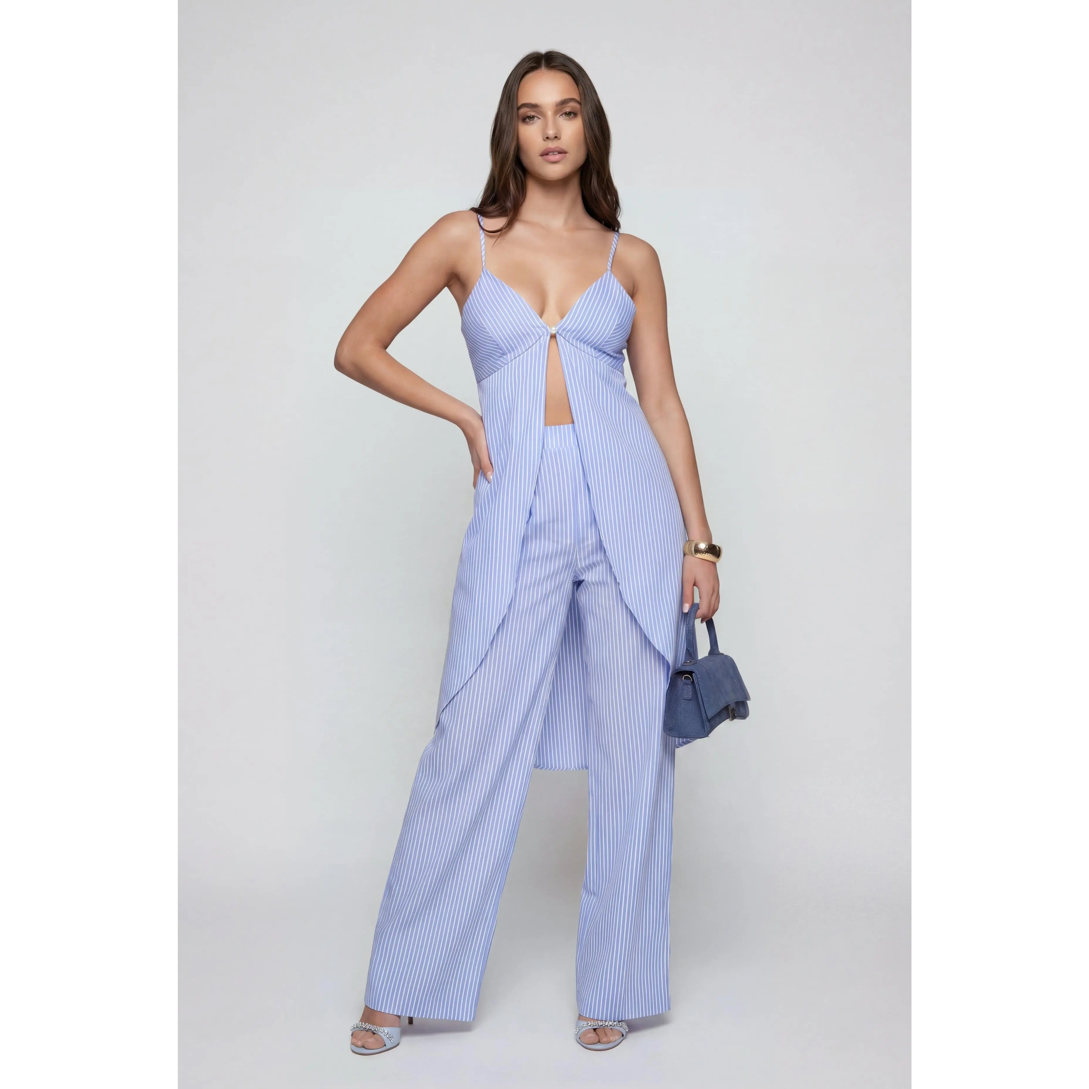 Kiss Dont Tell - Sienna Women's Striped Polyester Poplin Plunge Flyaway Blouse