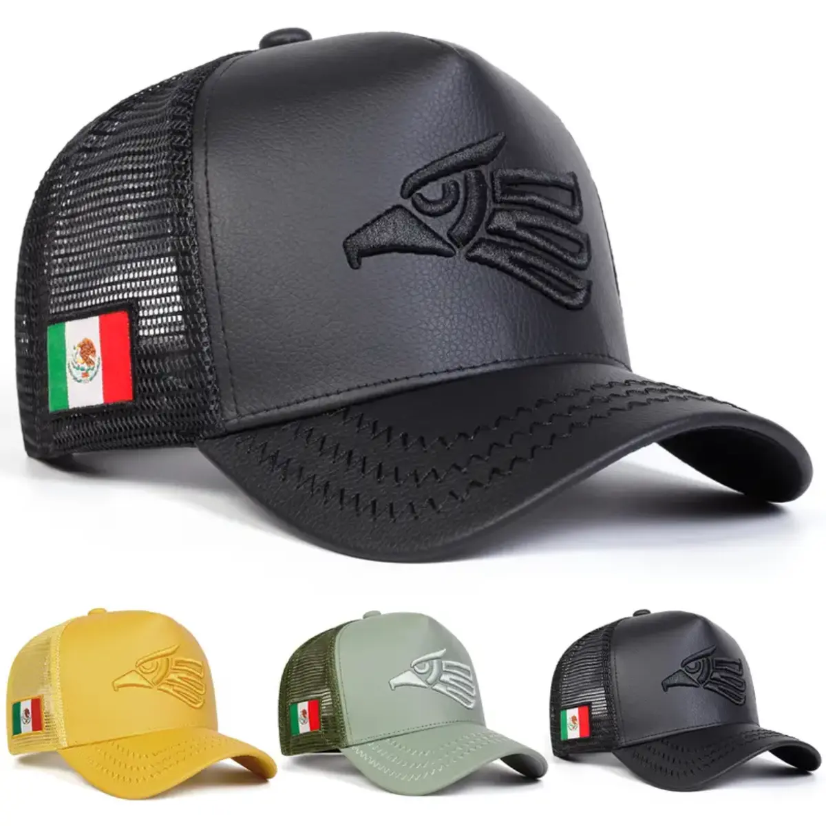 Unisex Trucker Baseball Cap with Mexican Eagle Logo, Breathable Mesh Fabric for Outdoor Casual Wear, Adjustable Size with UV Prevention, 56-60Cm