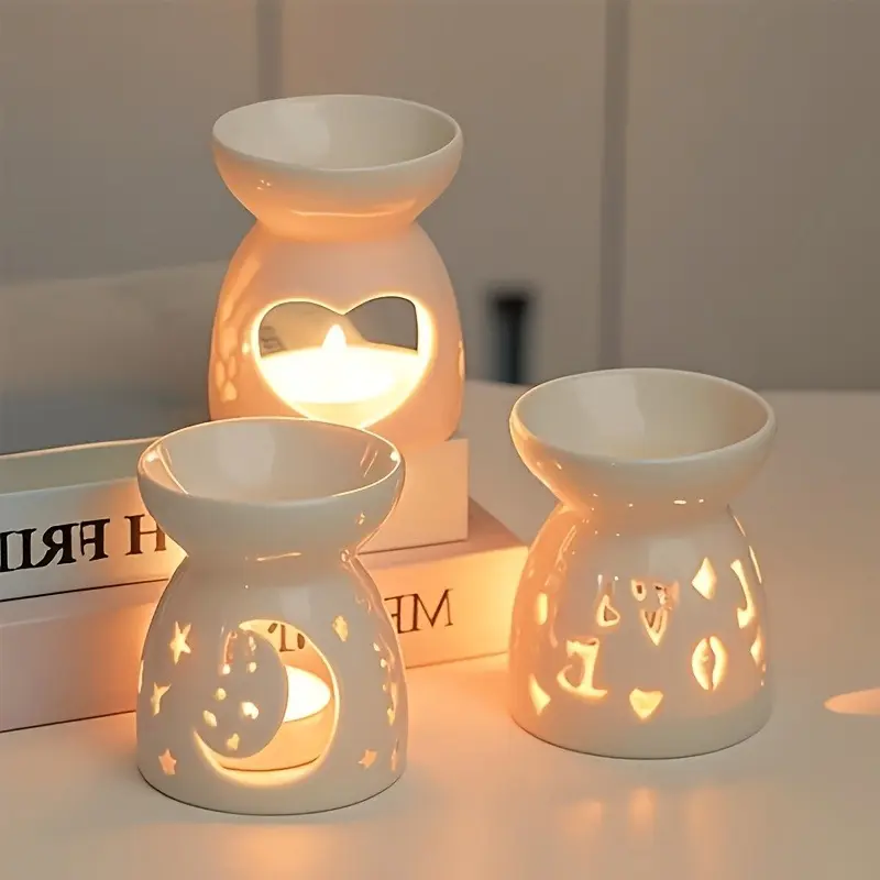 Elegant White Heart-Patterned Ceramic Tea Light Candle Holder - Starry Night Design, Scented Home Fragrance Oil Burner, Aromatherapy Diffuser, Wax Melter, Valentine's Day Gift Item