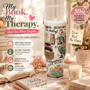 1 Pc 30oz Insulated Mug, Book Lover Quote Design "My Book My Therapy Just One More Chapter", Double Wall Vacuum Cup, Tumbler, Travel Tumbler, Leak Proof Lid, Keeps Drinks Hot 12H Cold 24H, Thermal Mug Gift for Women Men, Holiday Christmas Gift for Readers