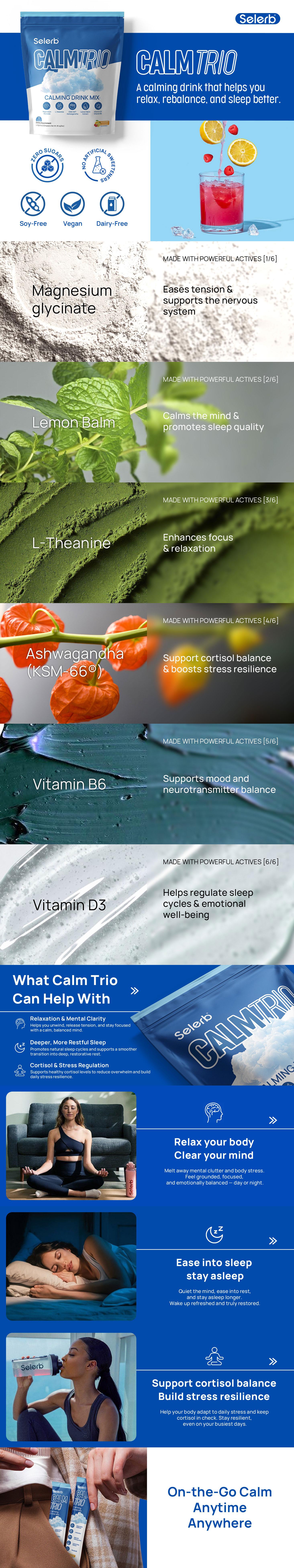 CalmTrio Magnesium Glycinate Powder Cortisol Drink Mix - No Sugar with L-Theanine, Ksm-66 Ashwagandha, Lemon Balm, Vitamin D3, B6, Supplements for Relax, Focus & Calm, Raspberry Lemon 20 Ct Healthcare Dietary