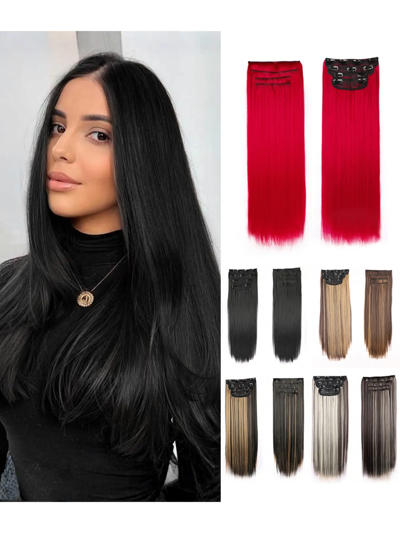 4 Piece Clip-In Salon Hair Extensions Set, Long Straight Hairpieces for Seamless Lengthening, Heat-Resistant Wavy Hair for Women, Heat Friendly Synthetic Fiber Soft Hairpieces