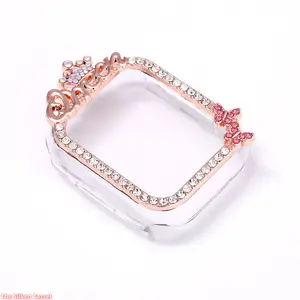 Inlaid Rhinestone Crown Integrated Tempered Glass Case Full Coverage Shockproof Protective Bumper Cover for Apple Watch Daily Wear Anti Scratch Watch Shell (No watch)