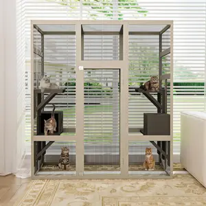 Catio Outdoor Cat Enclosure,Large Walk in Cat House for Outdoor Cats Kitten Enclosure with 5 Platforms & 2 Resting Boxes,UV-Resistant & Waterproof Cover,62.6inch,Grey
