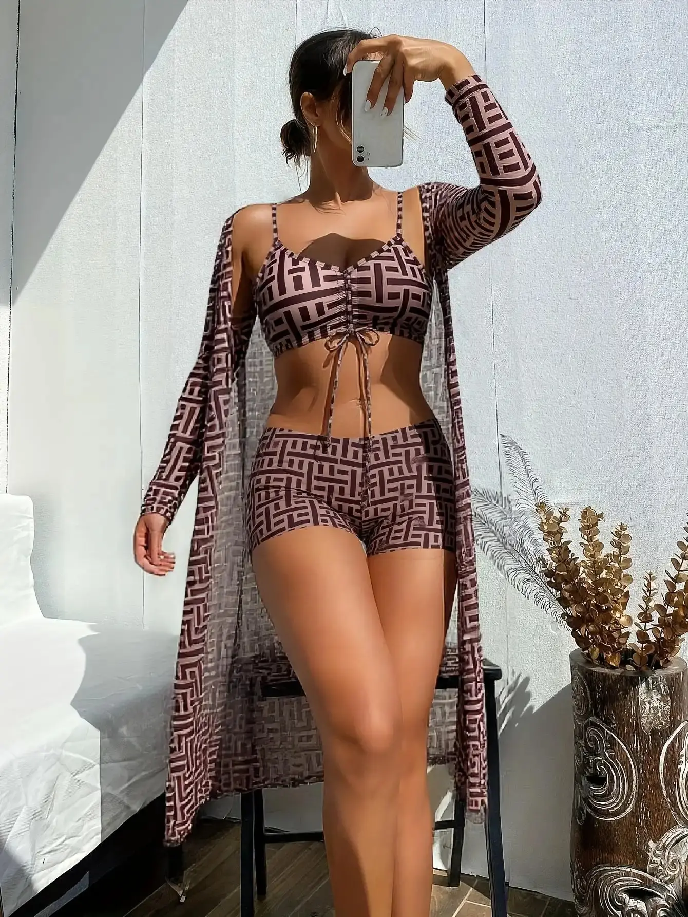 New elegant sun-protective women's swimsuit three-piece set with camisole top, high-waisted boxer shorts, and beach vacation swimwear for women