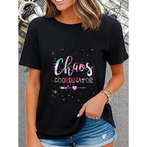 Women's Chaos Coordinator Tie-Dye T-Shirt, Colorful Splatter Graphic Print, 100% Cotton, Short Sleeve Crew Neck Casual Tee for Special Occasions