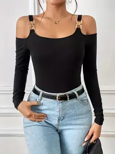 Decorative Shoulder Chain Detail T-Shirt, Stylish Casual Wear, Perfect for Everyday, Comfortable and Trendy Design