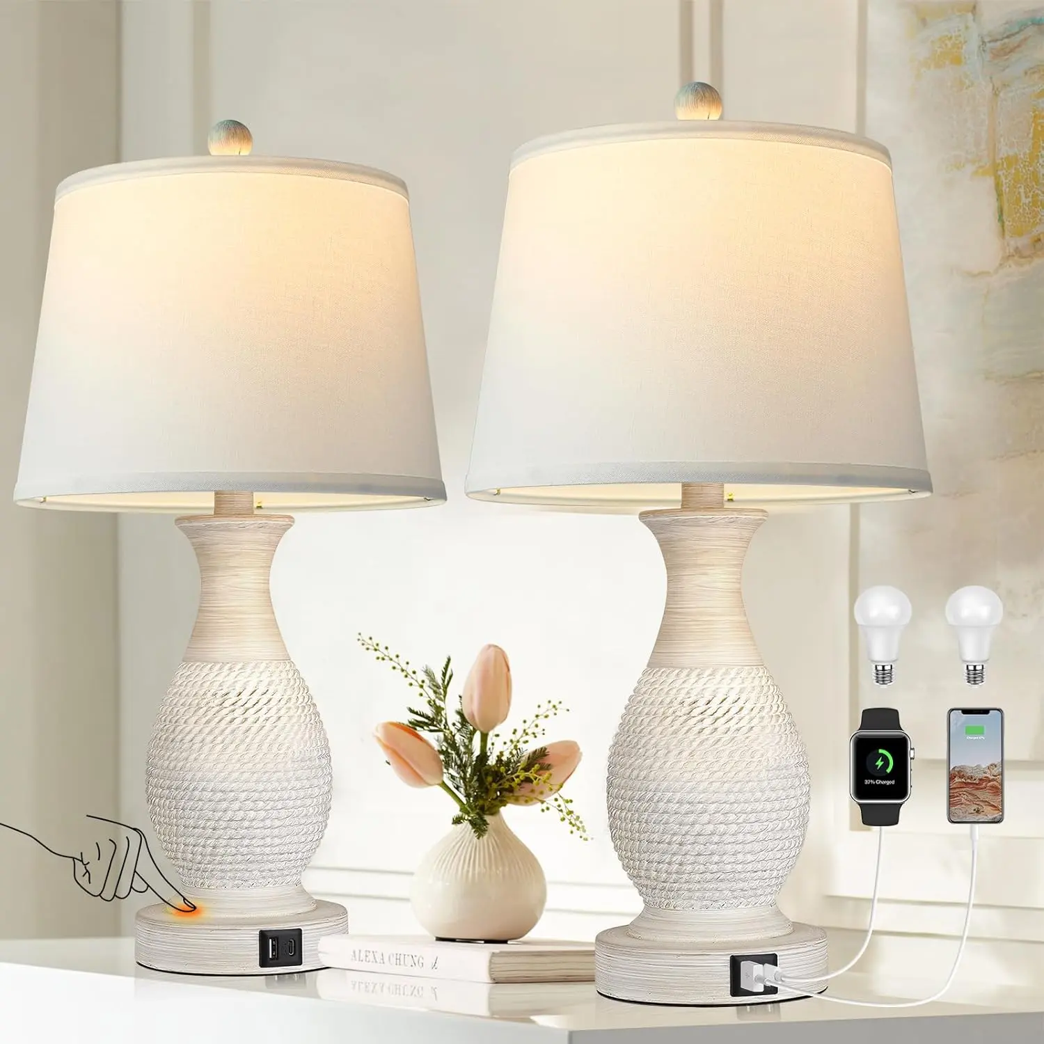 Table Lamps Set of 2, Bedside Touch Lamp with USB C+A Charging Ports, Side Table Lamp with White Fabric Shade (LED Bulbs）