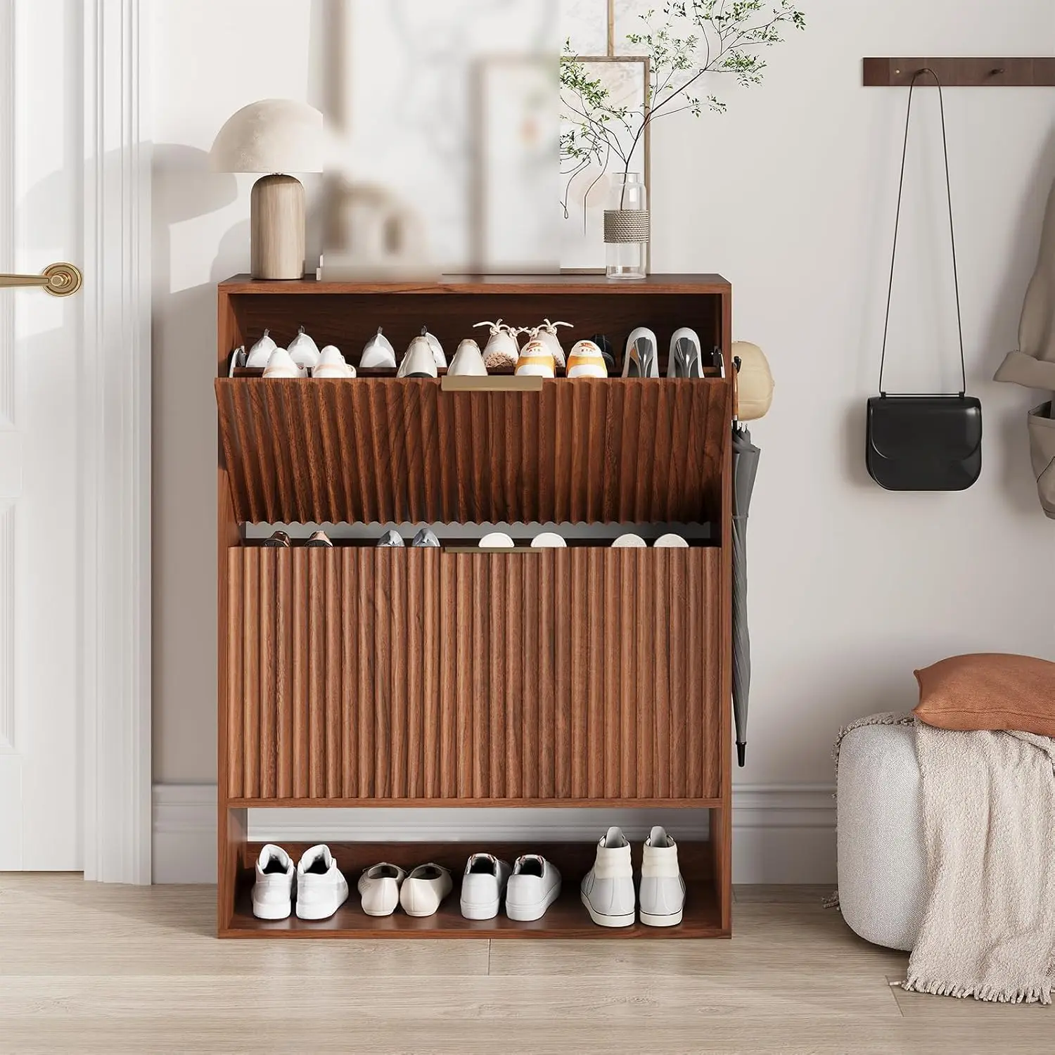 Slim Fluted Shoe Storage Cabinet - 2 Turn Drawers, Freestanding Modern Shoes Organizer with Doors, Narrow Space-Saving Key Holder Cabinet with Hidden Compartment for Entryway, Hallway, Easy Assembly, Key Holder Cabinets