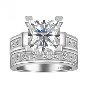 Two-Piece Square Ring Set for Women, Princess Cut Deluxe CZ Ring - Ideal for Engagement and Wedding, Personal Statement Jewelry or Gift