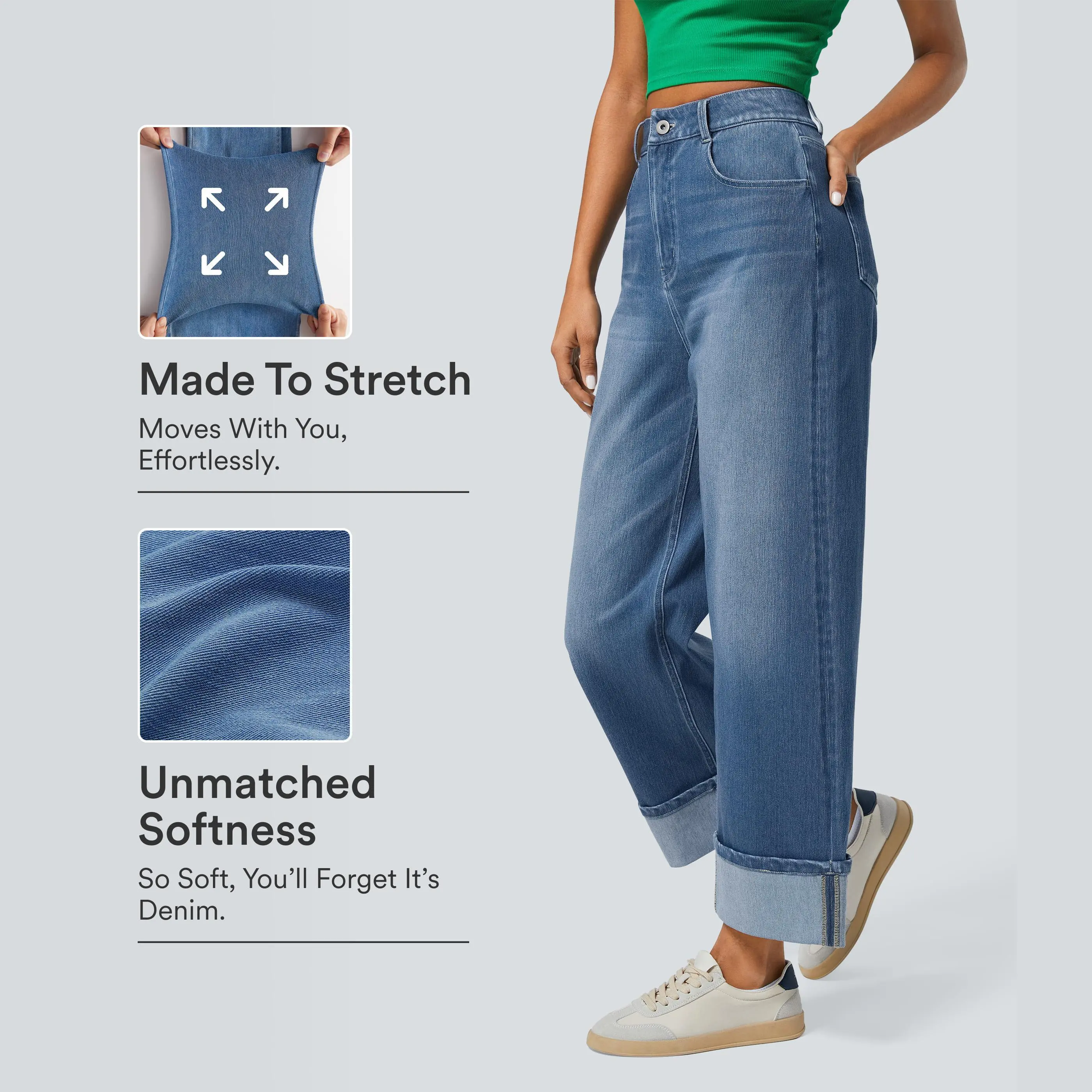 Halara Flex High Waisted Pockets Rolled Hem Wide Leg Washed Casual Jeans #SwimWeek