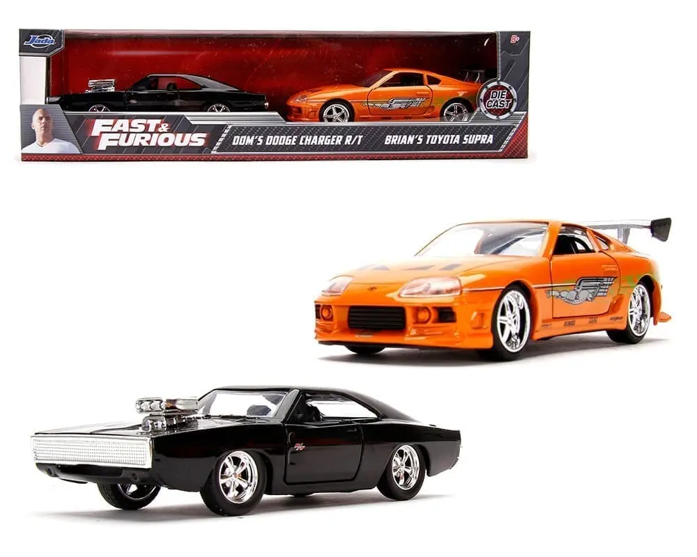 Fast & Furious 1:32 Dom's Dodge Charger & Brian's Toyota Supra Diecast Metal Model Set with Real Rubber Tires and Opening Doors by Jada