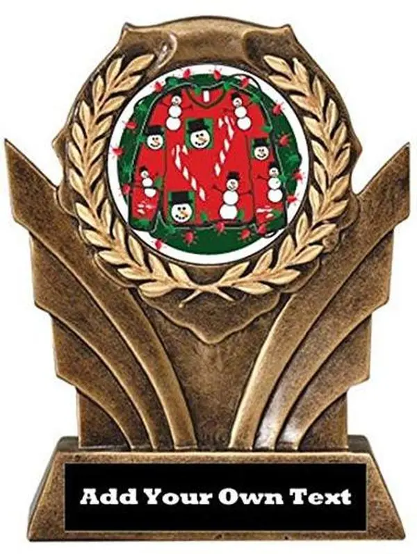 BuyAwardsandTrophies Ugly Christmas Sweater Victory Resin Trophy - Plastic Trophy with Base, Awards and Trophies for Fun Contests, Prizes for Adults and Kids Brown, 6.5"
