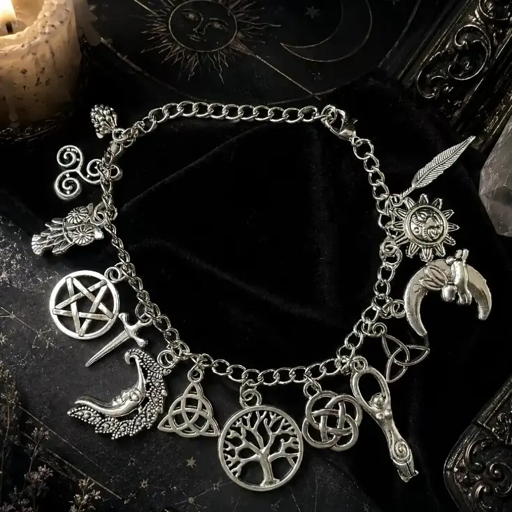 Vintage Witchy Charm Bracelet for Women, Silver-Tone Symbolic Pagan Jewelry with Celestial Moon & Sun Charms, Adjustable for Everyday Wrist Stack, Bracelets For Women, Bangle, Metal Coating