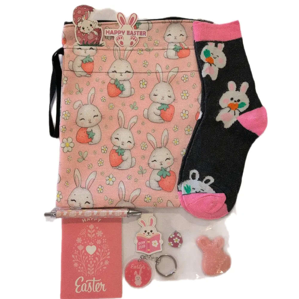 Easter Book/Tablet Sleeve with Bookmark, Keychain, Pen, Notebook, Socks, Broach, Stickers - Perfect for Spring Reading Essentials
