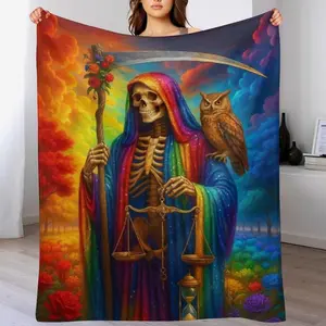 La Santa Muerte delas sieete potencias Flannel Blanket, Day of the Dead Art Print Pattern, Soft Cozy Lightweight Warm, Suitablefor Halloween Decor, Home Decor, Living Room,Bedroom, Sofa, Travel,  Lightweight, soft, skin-friendly and breathable