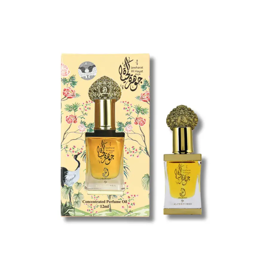 Arabiyat Jawharat Al Hayat Concentrated Perfume Oil, Long-Lasting Floral Woody Fragrance with Bergamot, Jasmine & Cedar, Amber Woody Unisex Scent, 0.40 oz, Amber Woody Perfume