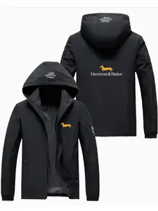Soft Durable Polyester Fabric Flying Jacket, Sausage Dog Print, Harmont & Blaine Lettering, Casual Fitted Style, Unisex Spring Fall