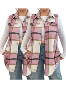 Plus Size Women's Plaid Casual Vest Jacket (fake Pockets), Collared, Button Front, Fitted Sleeveless Design, Fall & Winter Fashion Outerwear
