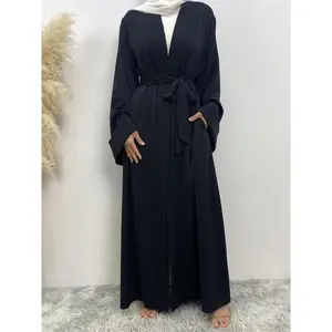 Solid-color Arabic abaya with kimono sleeves, belted wrap design, and pockets; modest chic long-sleeve abaya with a V-neck; women’s Islamic clothing for spring and fall — gift