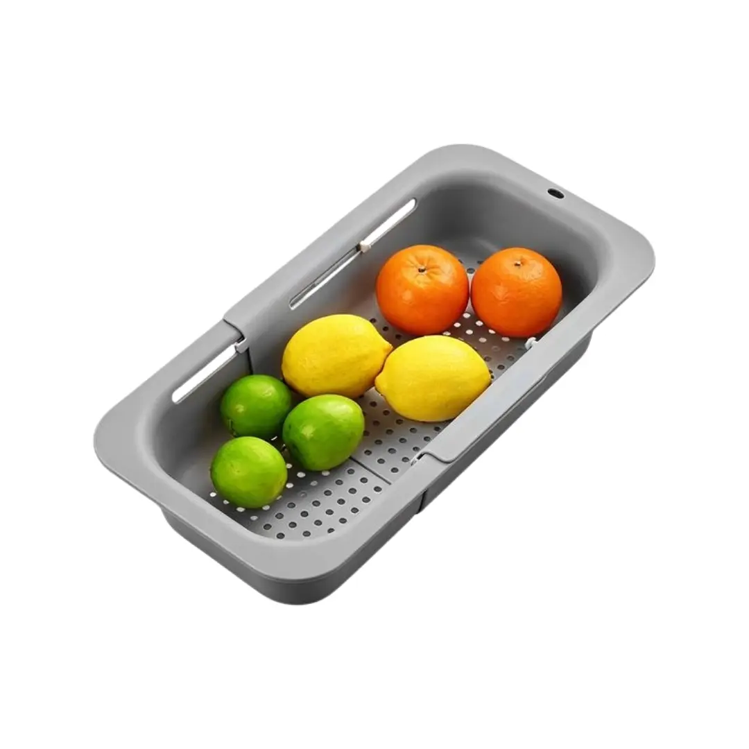 Adjustable Collapsible Kitchen Colander - Food Strainer, Vegetable Fruit Wash Basket, Water Draining Sieves and Colanders, Utensil Storage Rack, Milky White