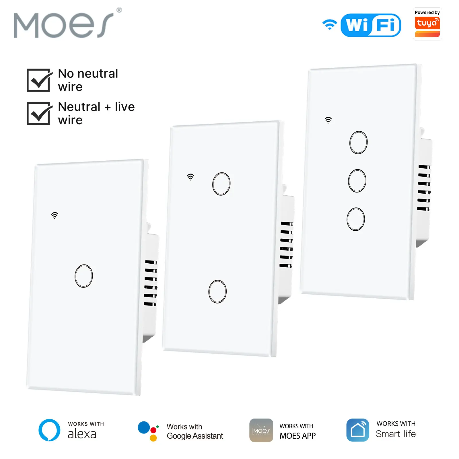 MOES Smart Touch Glass Panel Light Switch - 1 Gang, 2.4GHz Wi-Fi, 5Watts, Single Fire Single Pole, No Neutral Wire Needed, Energy Efficient, App Control, Remote via MOES APP, Works with Alexa and Google Home