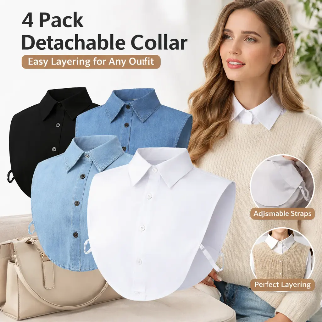Women's 4-Pack Detachable Dickey Collar - Breathable Cotton Faux Half Shirt Blouse Layering Accessory for Sweaters, Uniforms, Casual Wear