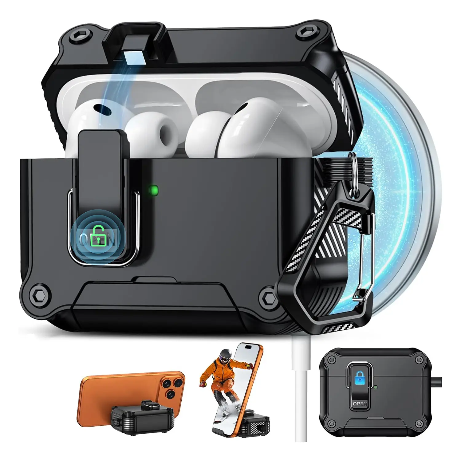 Shockproof Case for Airpods Pro 3/2/1 Airpods 4, with Magnetic Automatic Lock & Keychain, compatible with MagSafe, Full-Body Heavy Duty  Hard Protective Cover
