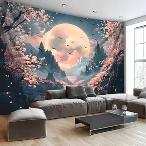 Large Polyester Panoramic Cherry Blossom Mountain and Moon Landscape Tapestry - Durable Wall Hanging with Hooks, Suitable for Living Room, Bedroom Decoration, High-Quality Print, Nature-Inspired Home Decor