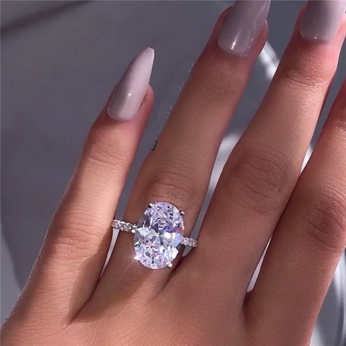 Oval cut cubic zirconia women's engagement ring, engagement ring, platinum plated bordered stone ring, sparkling ring, wedding anniversary birthday jewelry gift