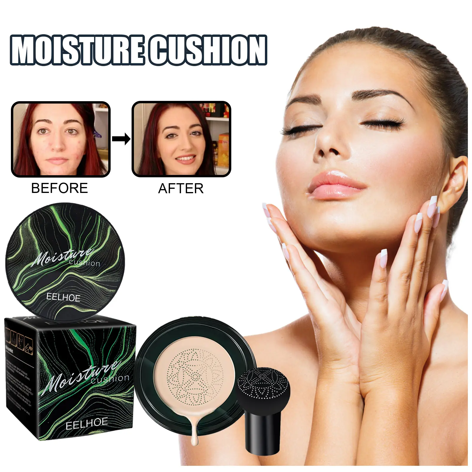 EELHOE Mushroom Head Cushion BB Cream Cosmetic, Gentle Natural Nude Foundation with Smooth Coverage, Cover Blemishes, Brighten Skin, 3 Shades (Ivory/Natural/Dark), Collagen & Hyaluronic Acid, Waterproof Long-Lasting Dewy Makeup, Ideal Gift for Women