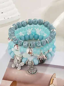 Bohemian Multi-Layer Bead Bracelet with Faux Crystal and Tassels, Sweet Butterfly Elephant Leopard Print Jewelry Set for All Seasons