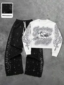 Y2K Rhinestone Angel Cross Two Piece Set | Egirl Aesthetic Cropped Long Sleeve Sweatshirt & Wide Leg Pants | Gothic Streetwear Tracksuit with Eternity Print | Harajuku Cyber Y2K Outfit for Women Men | Edgy Streetwear Co-ord Set