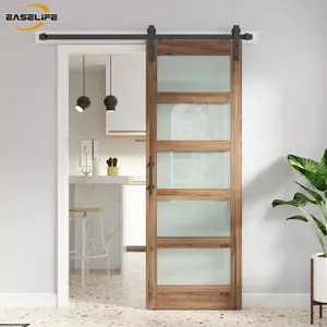 Easelife Sliding Barn Door with Frosted Glass Panels Rustic Wood Finish Black Hardware Kit Easy Installation Modern Home Decor International Warranty Living Space