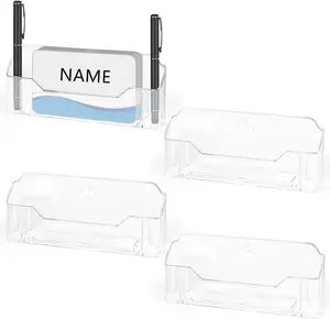 4 Pack Clear Acrylic Business Card Holder With Pen Holder - Stand Display Stand Holder for Office Desk - Fits Standard Size Business Cards - PLASTIC SUPPORT PARTS need to be assembled at the bottom