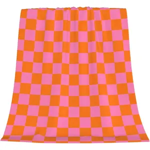 Super Soft Throw Blanket for Couch Checkerboard Orange Lightweight Warm Cozy Flannel Fleece Blankets Checkered Blanket for Women for Bed Sofa All Season Use