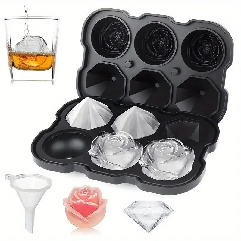 Silicone Rose and Diamond Shaped Ice Cube Tray with Lid, 1 Count Ice Ball Maker, Ice Ball Maker for Cocktail Whiskey Juice, Kitchen Accessories