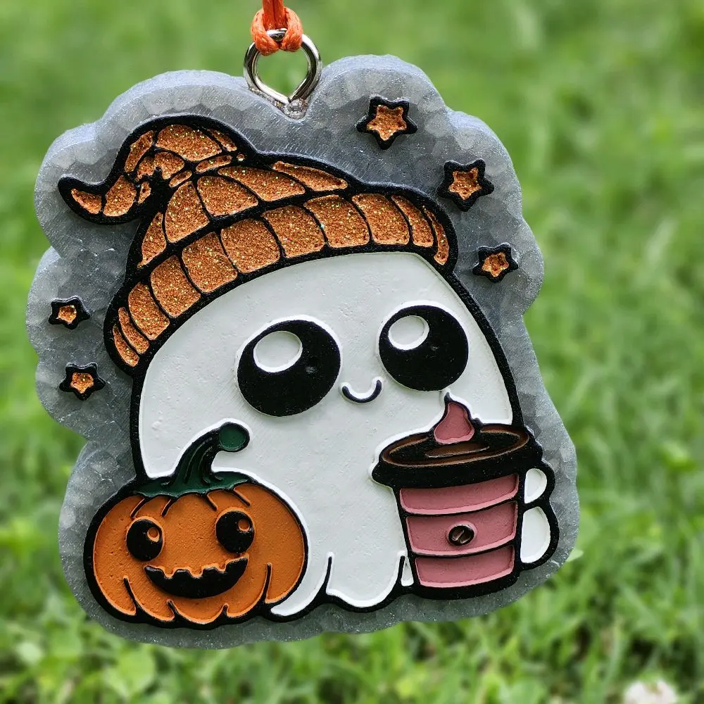 Ghost Coffee and Pumpkin Car Freshie, Hang From Your Rear View Mirror.