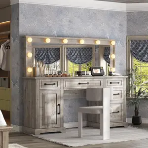 【Ships in 2 Boxes】AMERLIFE 55.1" W Makeup Vanity with Hollywood Mirror, Glass Top Vanity with 5 Drawers & Adjustable Cabinet & Charging Station,Best Gift Ideas/Christmas Gifts