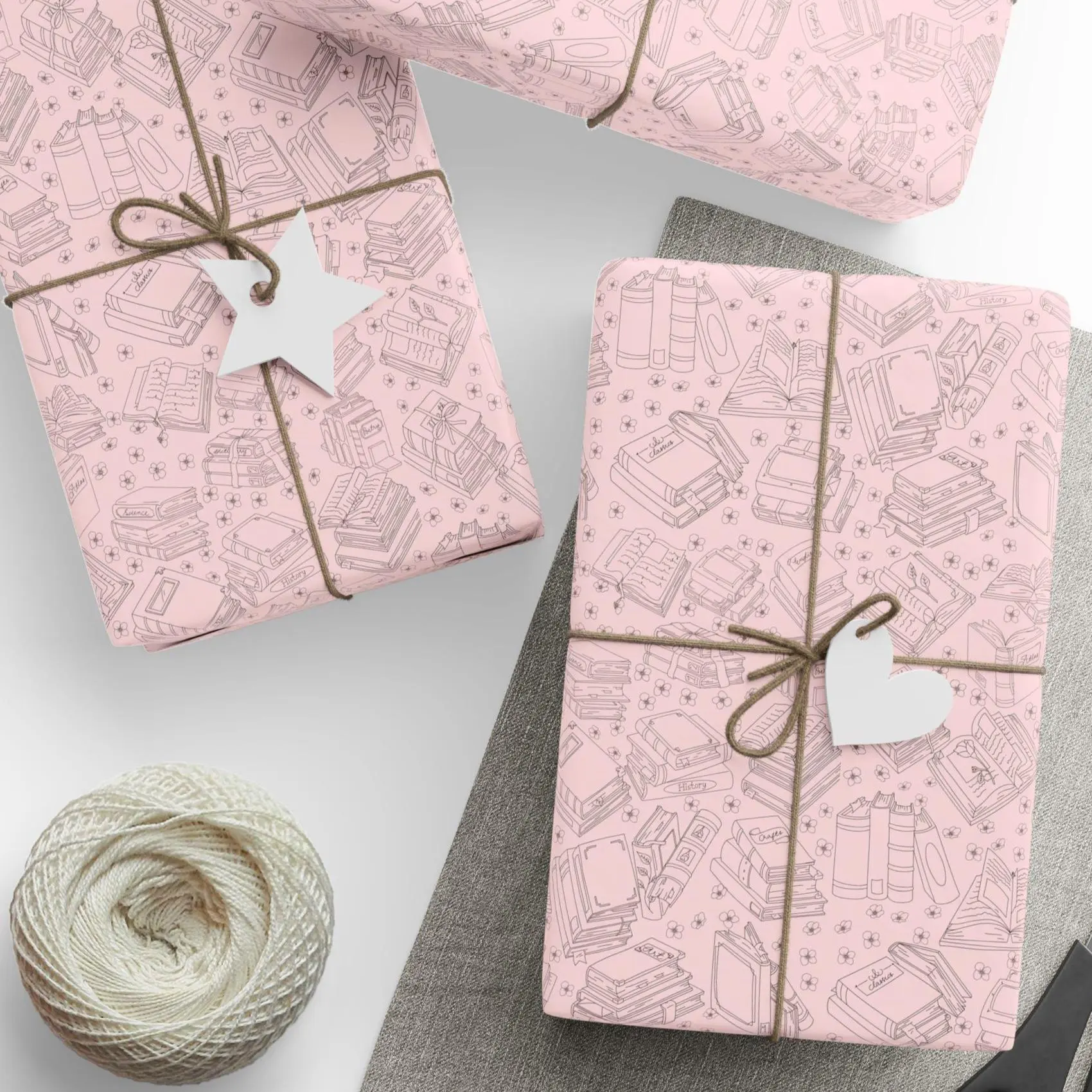 Pastel Pink Book Lover Gift Wrap, Aesthetic Stacked Books Open Pages Wrapping Paper for Teachers, Readers & Bookworms, Bookish Craft Paper