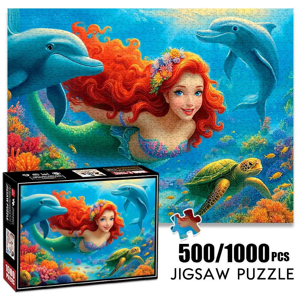 1pc 1000 piece adult puzzle 70x50cm Mermaid with Dolphins and Turtle in Coral - Filled Ocean 500 pieces paper jigsaw puzzle suitable for DIY creative games for adults and families, birthday and ho