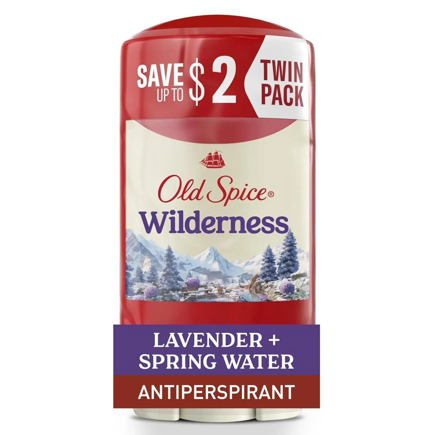 Old Spice Wilderness Male Antiperspirant-Deodorant Stick, 24/7 Fresh Sweat & Odor Control, Gentle on Skin with Skin Conditioners, Lavender Aroma Spring Water Scent, Paraben-Free, 2.6 oz Twin Pack, Natural Spring Water, Stick Form, Adults