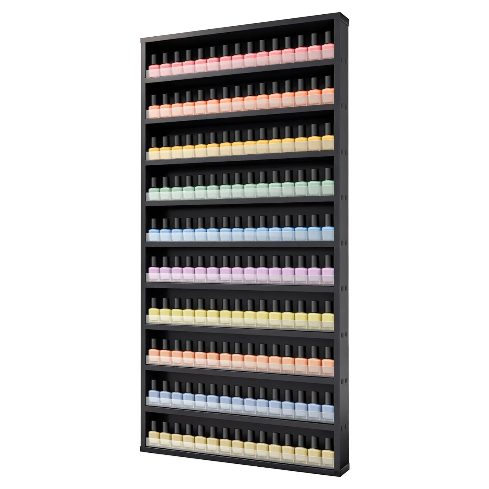 Commercial Salon Furniture Wall-Mount Wooden Nail Polish Organiser - 10-Tier, 22” Wide Shelves, 42.3” Tall, Acrylic Barrier, Metal Hardware, Sturdy Adjustable Design, Durable, Holds 200 Bottles, Assembly Required, Cosmetic Storage Display