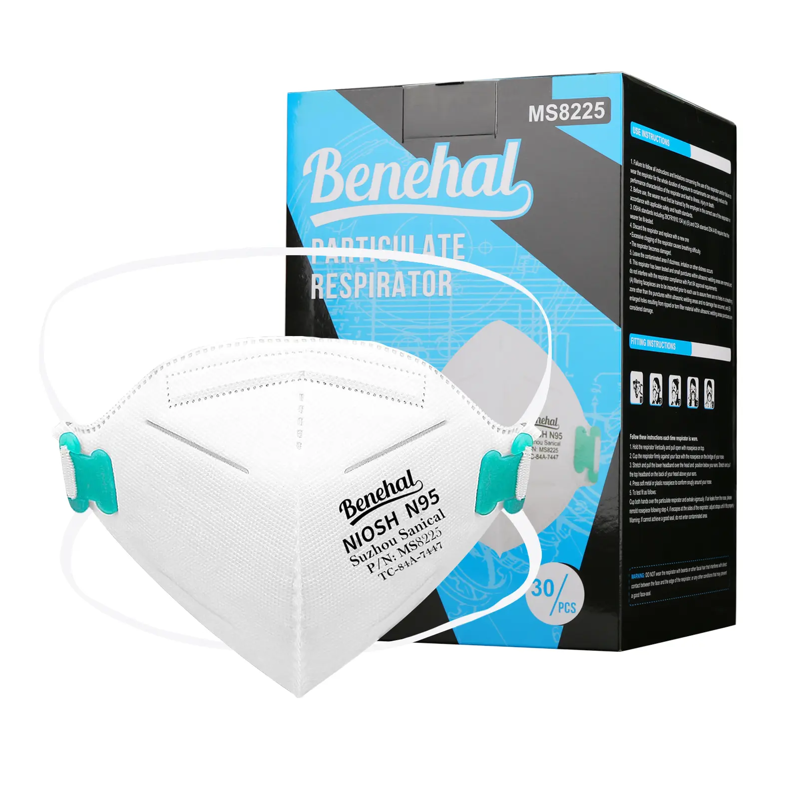 benehal NIOSH Approved N95 Mask Particulate Respirators, Pack of 30 N95 Face Masks, Individually Wrapped, Universal Fit