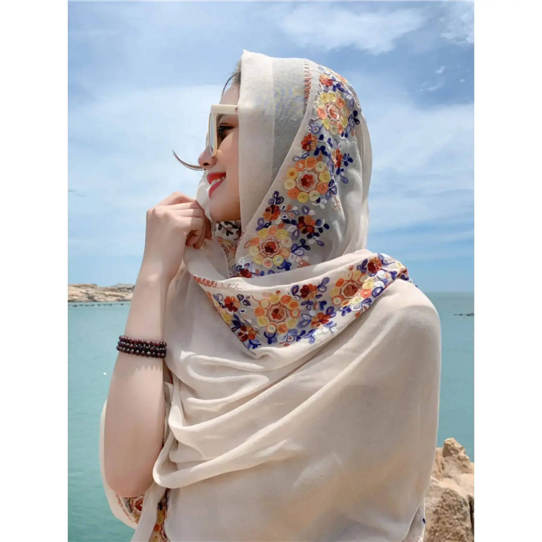 Elegant Floral Embroidered Scarf Shawl for Women, Multi-Functional Head Scarf for Outdoor Use, Perfect Beach Wrap and Mother's Day Accessory Elegant Floral Embroidered Scarf Shawl for Women, Multi-Functional Head Scarf for Outdoor Use, Perfect Beach Wrap and Mother's Day Accessory