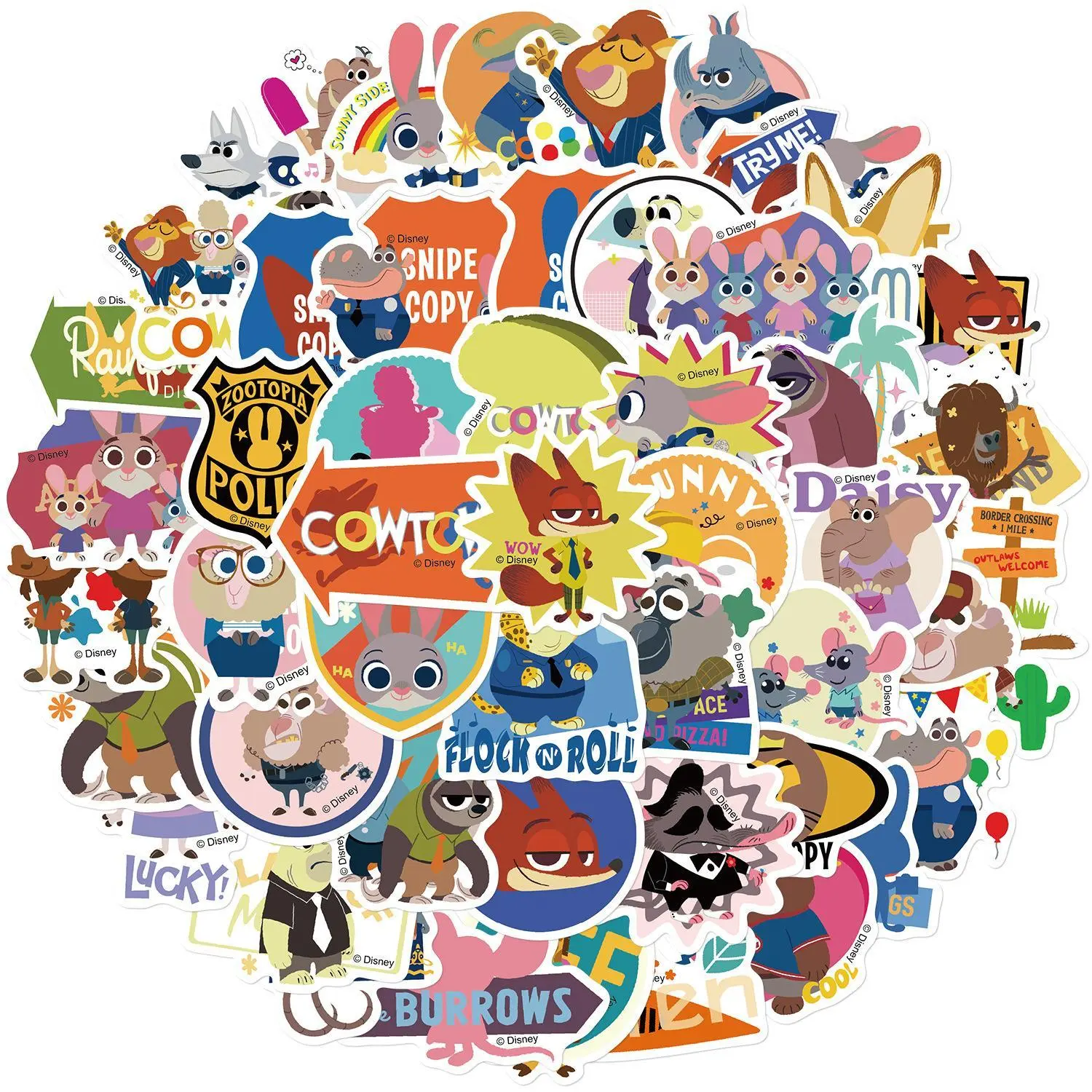 Disney Zootopia 50Pcs Waterproof Cartoon Stickers, Classic 1.57-2.76 Inch Decals, Multipurpose DIY Decor for Water Bottles, Laptops, Cars, Skateboards & Luggage, Ideal Fan Gift