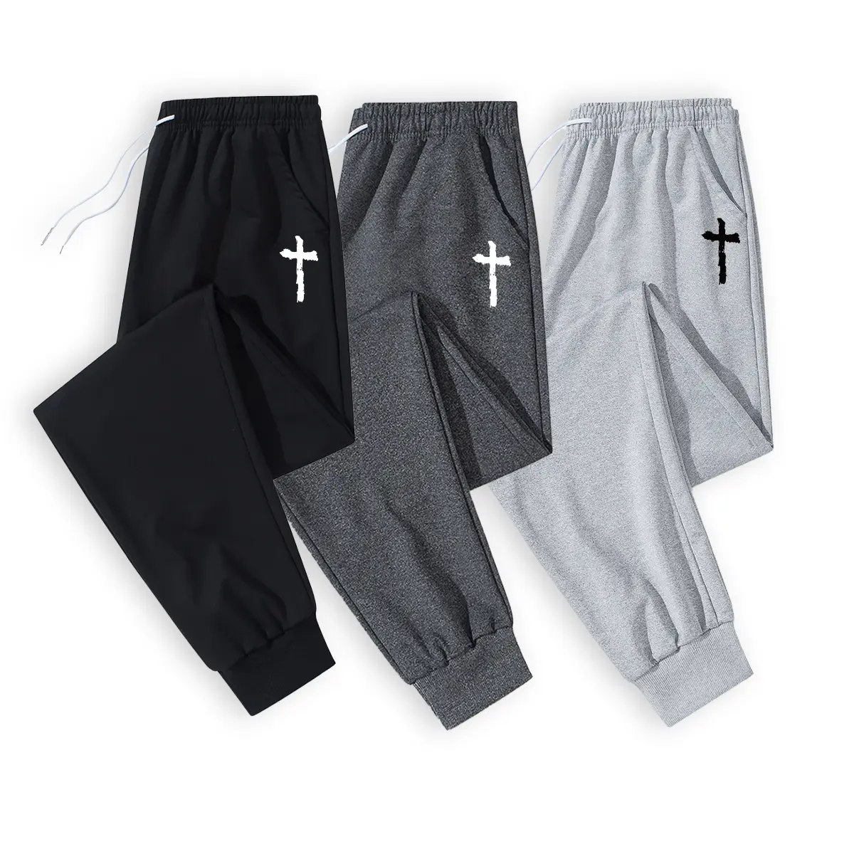 Men's Casual Comfy Streetwear Jogger Pants - Detailed Cross Pattern, Stretchy Waistband for Customized Fit, Roomy Side Pockets, Versatile for Lounge or Street Use, Casual Comfy Jogger, Streetwear Joggers