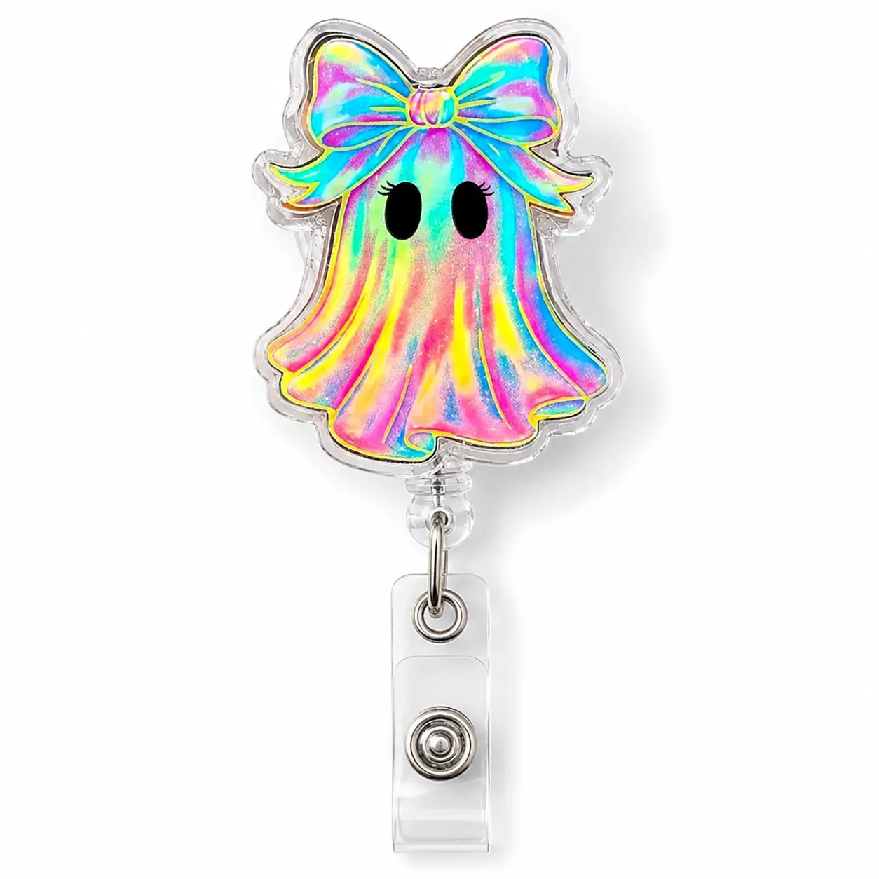 Cute rainbow ghost badge reel, colorful bow retractable ID badge holder, playful spooky work badge clip for teachers office staff and everyday ID use